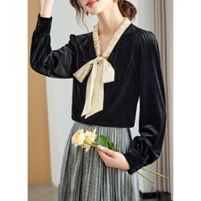 2024 Autumn Womens New French Gold Velvet T-shirt Blouse Bow Elegant Tops Shirts