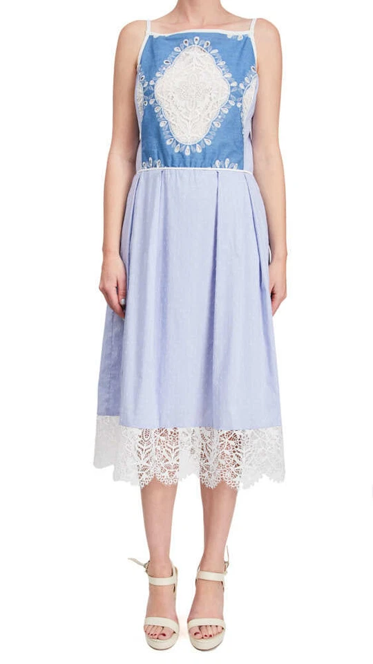 Diseñador azul cambray con encaje de ojales grandes marfil + tela de borde festoneado por yarda Foto 3 de 3