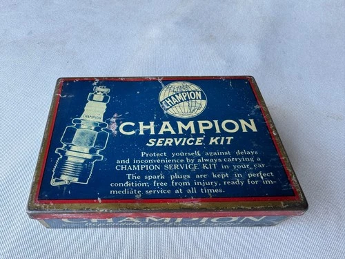 VINTAGE CHAMPION TIN SPARK PLUG SERVICE KIT WITH CONTENTS SERVICE STATION SIGN