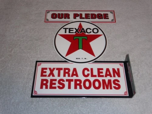VINTAGE TEXACO OUR PLEDGE CLEAN RESTROOMS 11 3/4" METAL GASOLINE OIL FLANGE SIGN