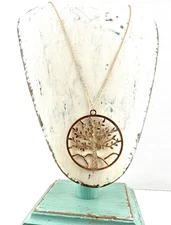 Bohemian Tree of Life Pendant Gold Tone Statement Necklace