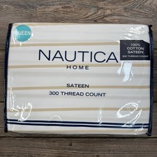 Nautica 4-Piece Queen Sheet Set 100 Cotton 300 Thread Count Beige Stripe NEW