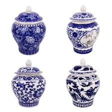 Set of 4 Small Blue and White Porcelain Vases, Chinoiserie Vase Decor Porcela