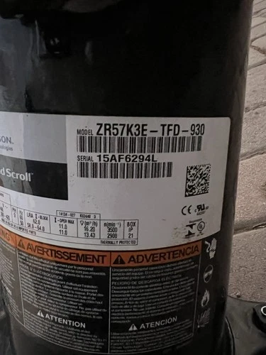 COPELAND SCROLL COMPRESSOR model ZR57K3E - TFD -930 Year 2015 460v. 3 phase
