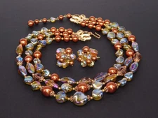 Vintage Crown TRIFARI Copper & Iridescent Multi Strand Necklace & Earrings Set