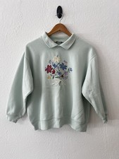 Vintage 90s Grannycore Floral Embroidered Sweatshirt With Collar Cottage Whimsy