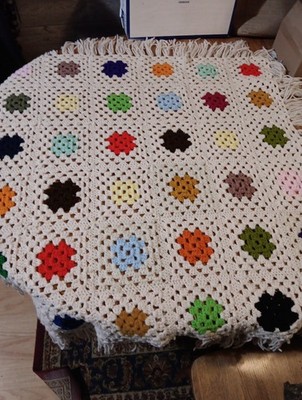 Vintage Granny Square White Blanket 3ftx3ft