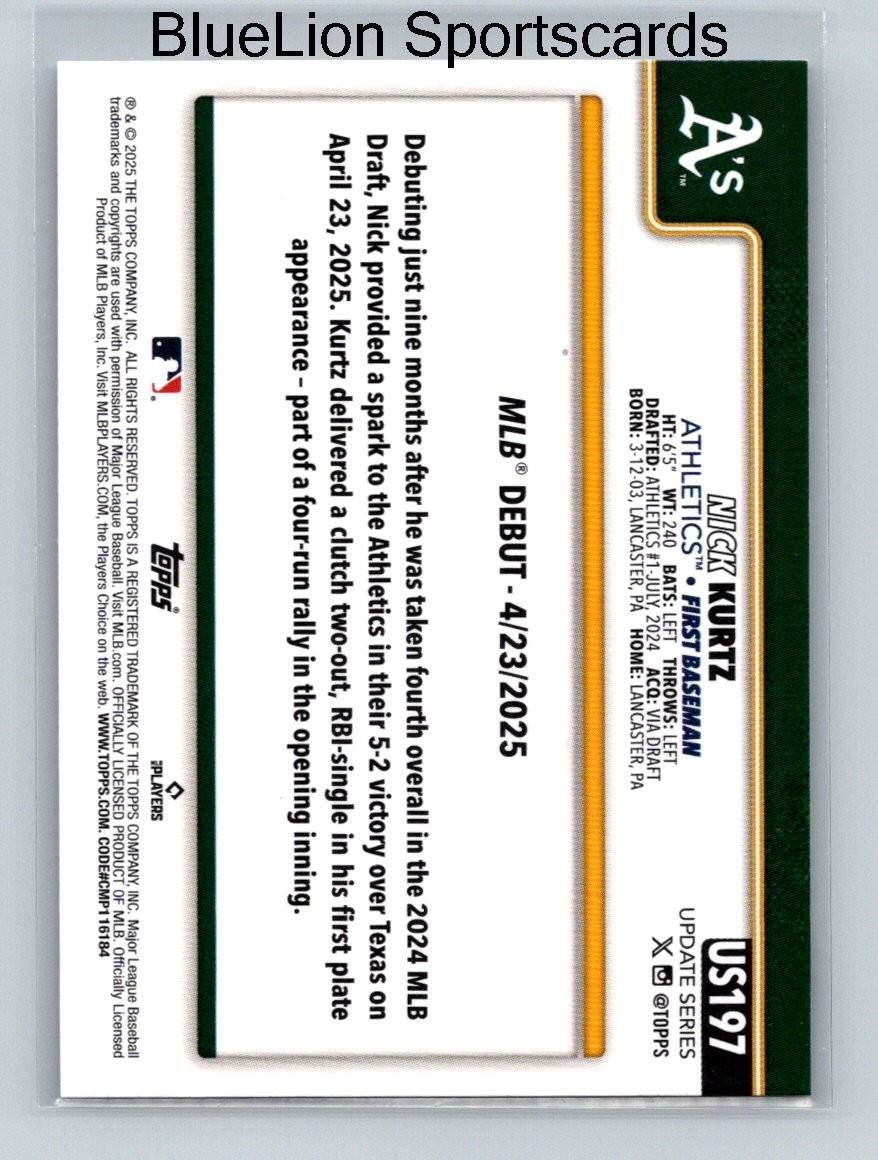 2025 Topps Update #US197 Nick Kurtz RD Oakland Athletics | eBay