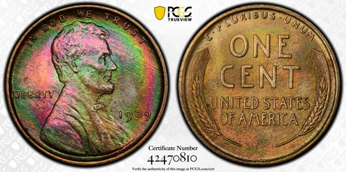 1909 VDB PCGS MS66 RB Lincoln Wheat Cent Monster Toned "Christmas Cheer"
