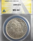 1885 O, ANACS MS 64, U.S. Morgan Silver Dollar, $1 Coin, Brillant Luster