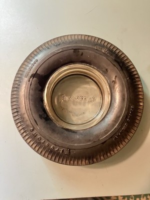 FIRESTONE DELUXE CHAMPION TIRE ASHTRAY RUBBER TIRE W/ GLASS   GUM DIPPED  6''