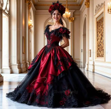 Vampire Black And Red Gothic Wedding Dresses Off-Shoulder Satin Ball Gown Lace