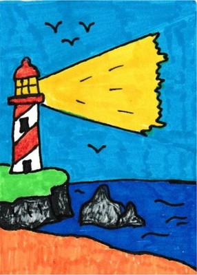 ACEO Print ''Bold Horizons'' #2/5   Lighthouse Yellow Light Beam Sea Rocks Seabird