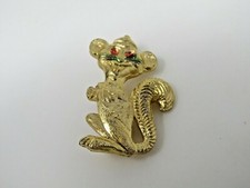 Vintage Squirrel Brooch Pin Gold Tone Red Rhinestone Eyes Green Enamel Figural