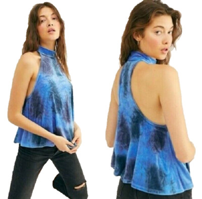 Free People Heartbeat Halter Top Bright Blue Tie Dye Velvet M