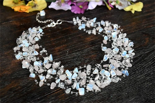Raw Moonstone Opalite Rose Quartz Rock Crystal Multistrand Crochet Air Necklace