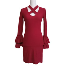 Derek Heart Bodycon Dress Womens Sz S VTG Y2K Red Indie Grunge Bell Long Sleeves