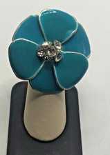 Silver Tone Large Blue Teal Enamel Vintage Flower Ring