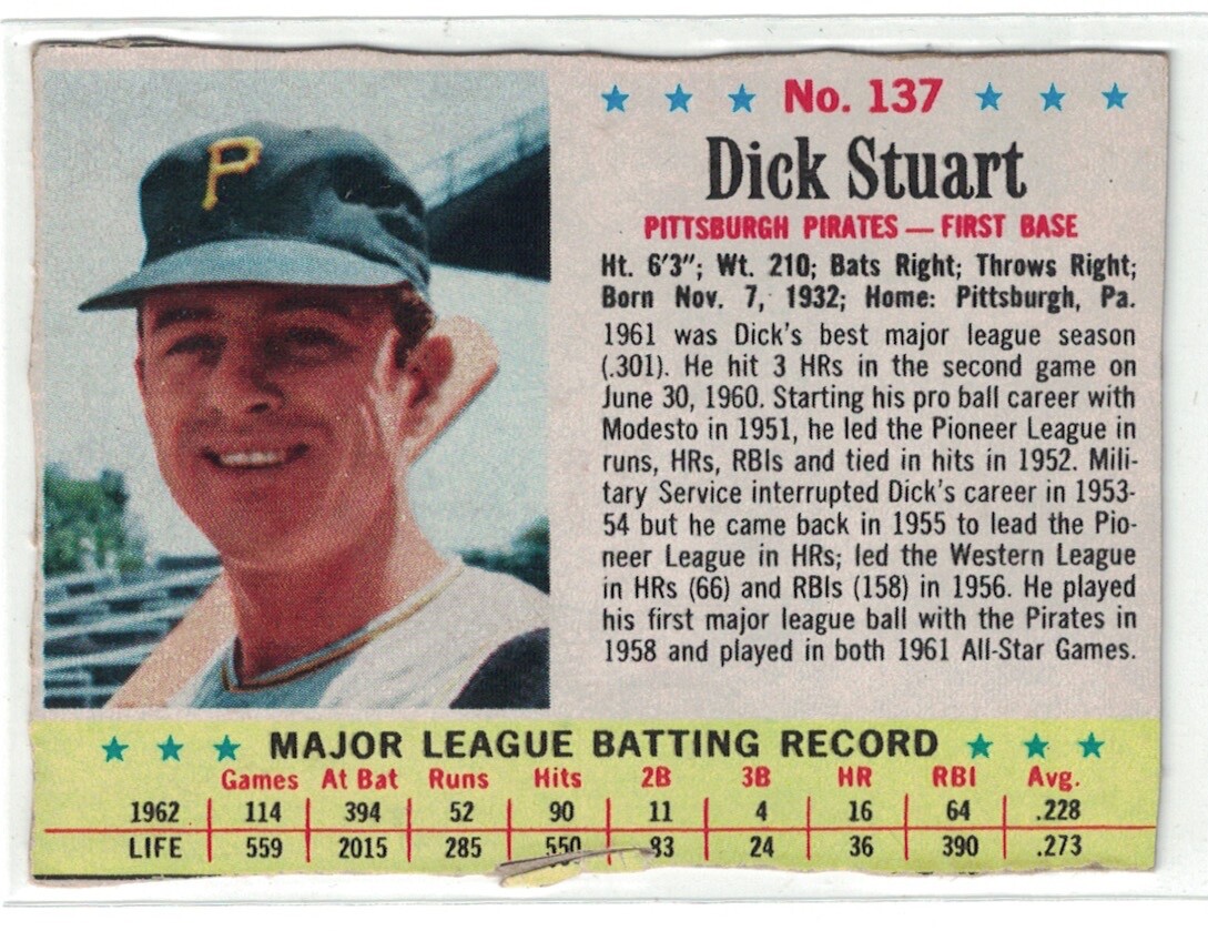 1963 Post Cereal #137, Dick Stuart, Pittsburgh Pirates