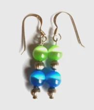 Sterling Silver Artisan made Green Blue Cats Eye Glass Dangle Earrings 6mm*1.25
