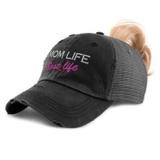 Womens Ponytail Cap Mom Life Best Life Mama Cotton Mommy Distressed Trucker Hats
