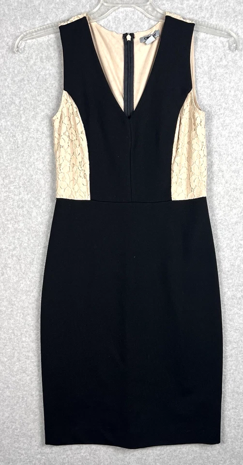 Vestido DKNY Feminino 0 Preto Bege Colorblock Sem Mangas Bodycon Coquetel Chique - Imagem 2 de 4