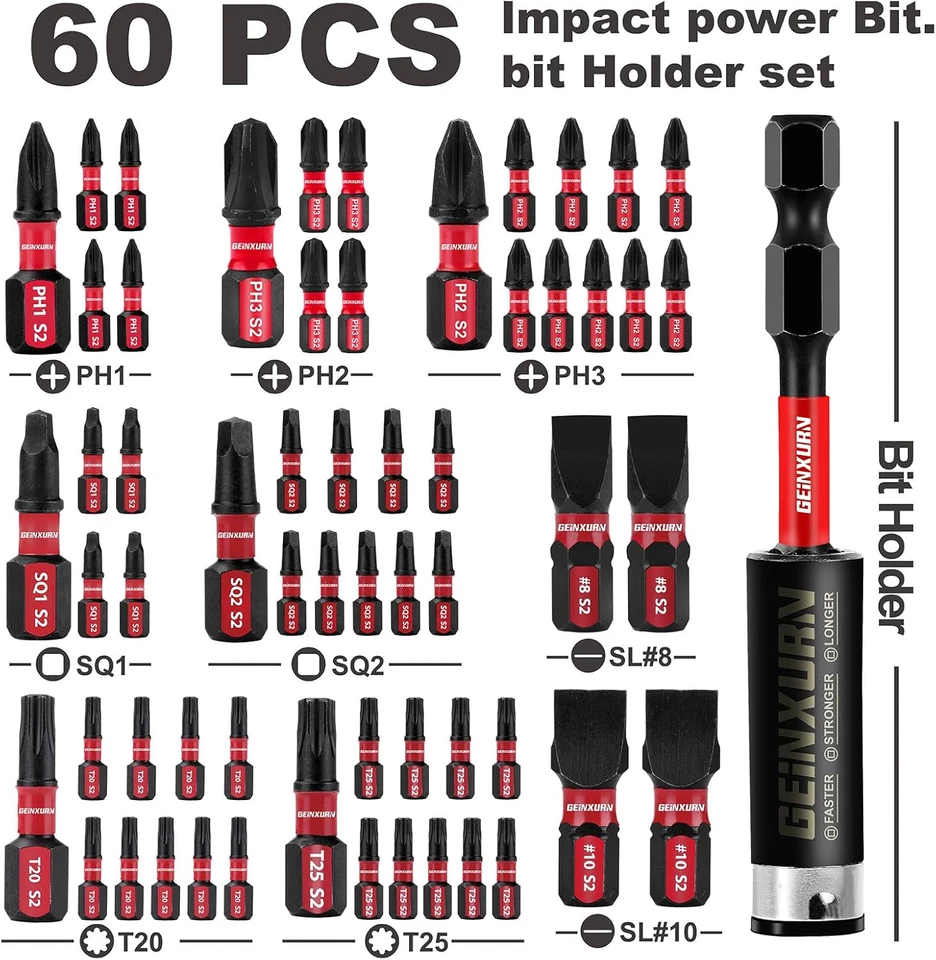 Screwdriver Bit Set with PH1/PH2/PH3/SQ1/SQ2/T20/T25/SL8/SL10 and 1Pcs Impact Bi - Image 2 of 4