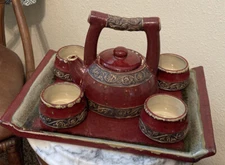 Pier 1 Shanghai Set Tea Sake Pot 4 Cups Tray Deep Red Brown Rustic Earthenware