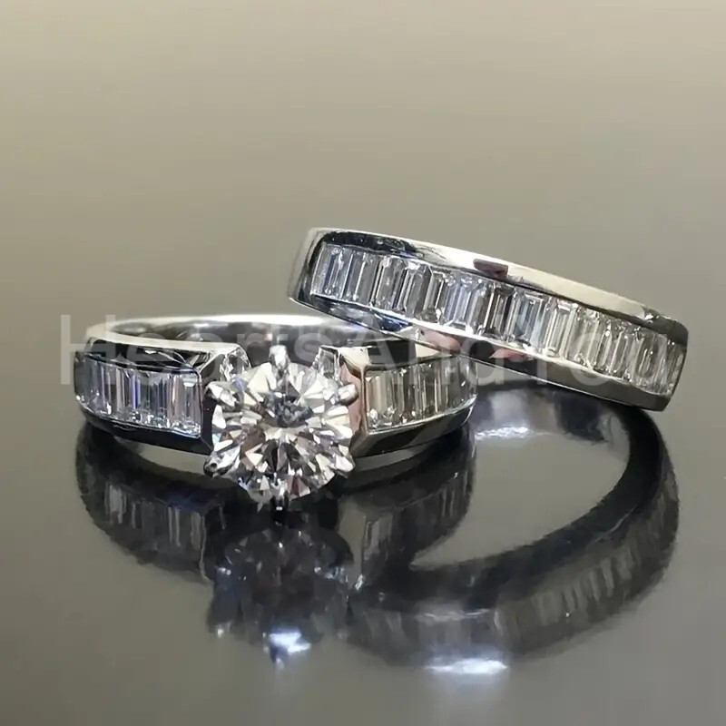 2ct Round Cut Moissanite Bridal Set Baguette Accent 14K White Gold ...