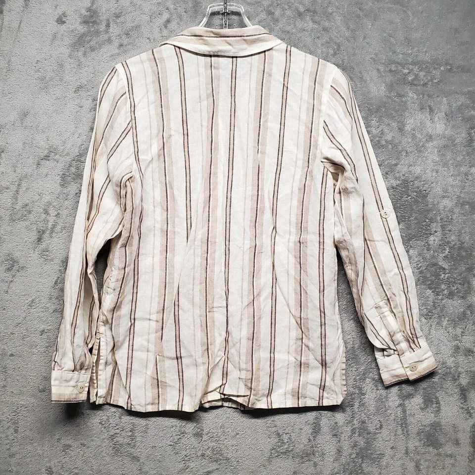 Studio Works 亚麻衬衫女式小号米色条纹卷袖纽扣前襟 — 第 2/4 张图片