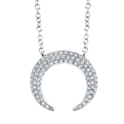 Diamond Crescent Moon Pendant 14K White Gold Necklace Pave Set Round Natural