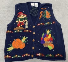 Bobbie Brooks Novelty Cardigan Sweater Vest Womans XL Blue Fall Harvest