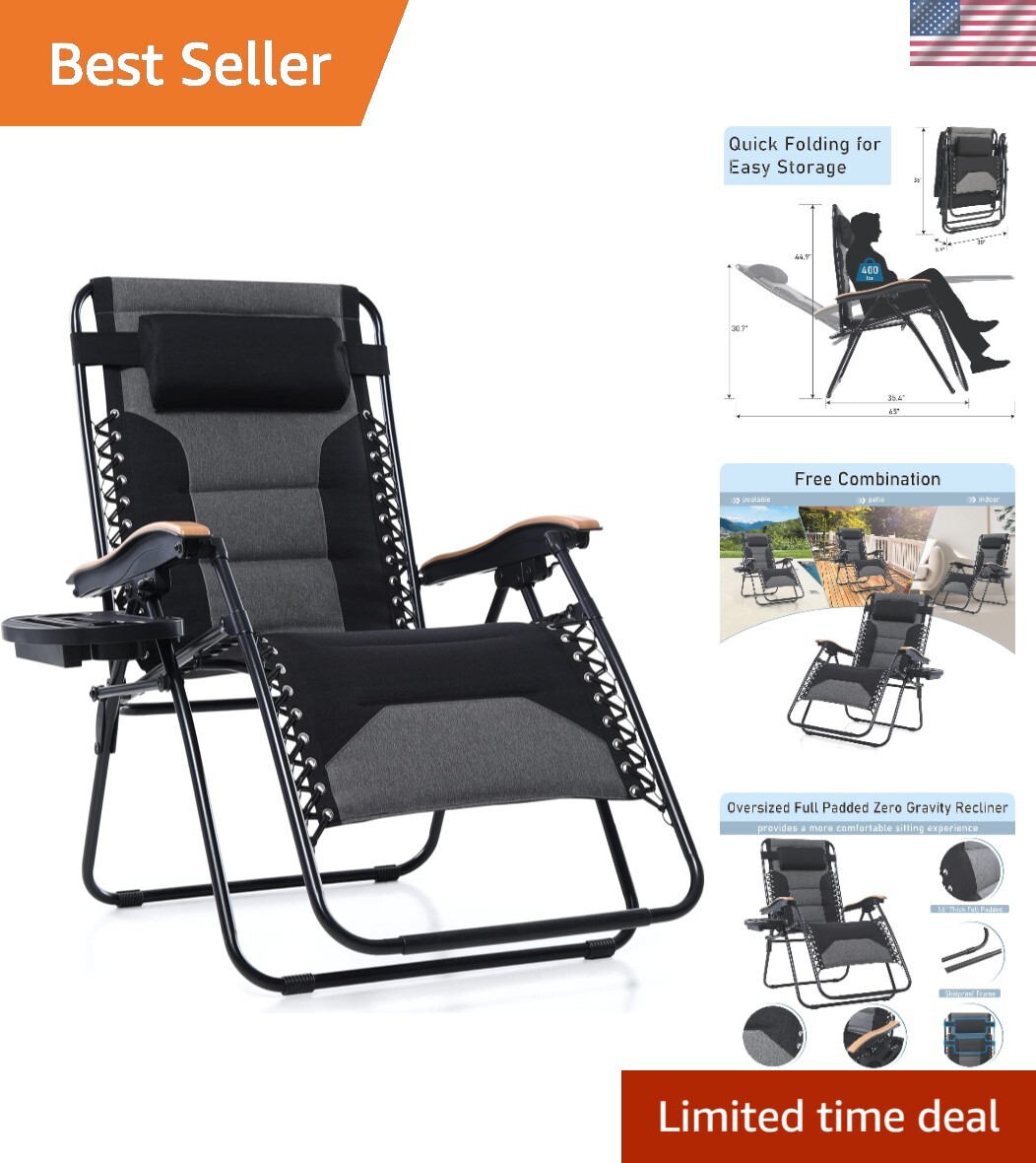 XXL Oversized Zero Gravity Chair with Padded Seat 30in Wide Foldable Patio Recliner for Outdoor Relaxation