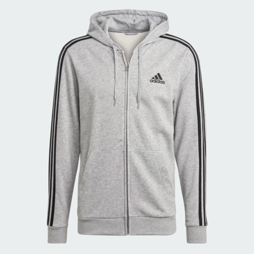 adidas men Essentials French Terry 3-Stripes Full-Zip Hoodie Grey Large