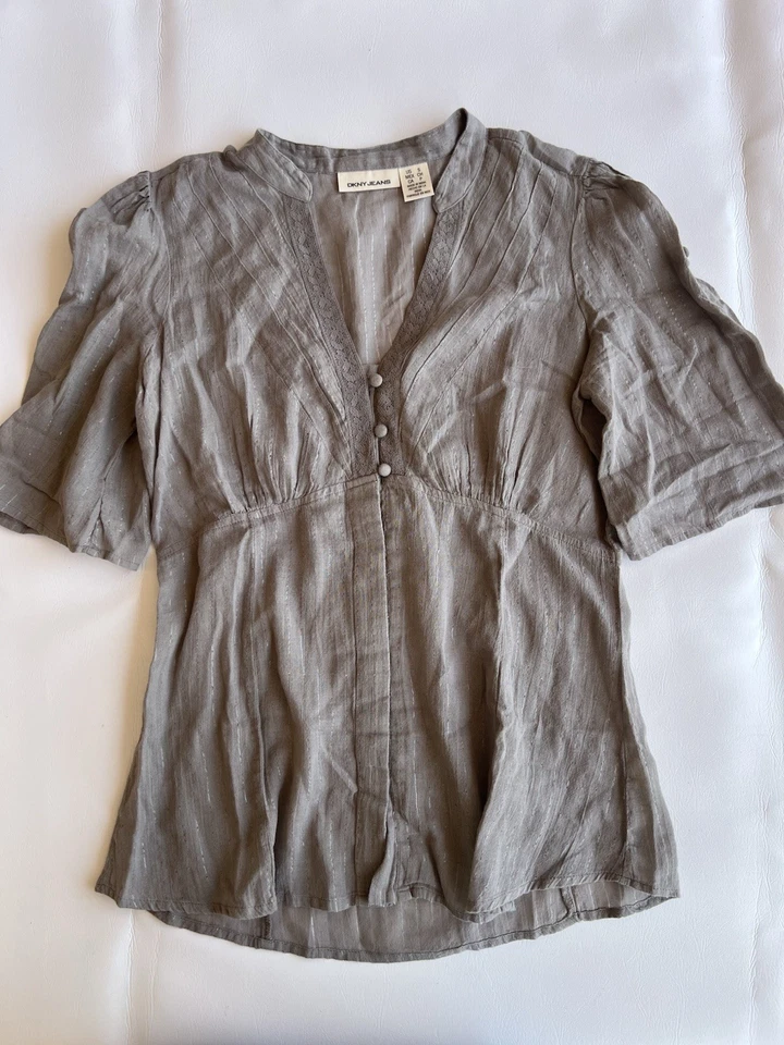 DKNY Elegante Blusa Talla S Gris Marrón Claro-Gris Con Cordones Coqueta Transparente Y2K Retro Foto 3 de 4