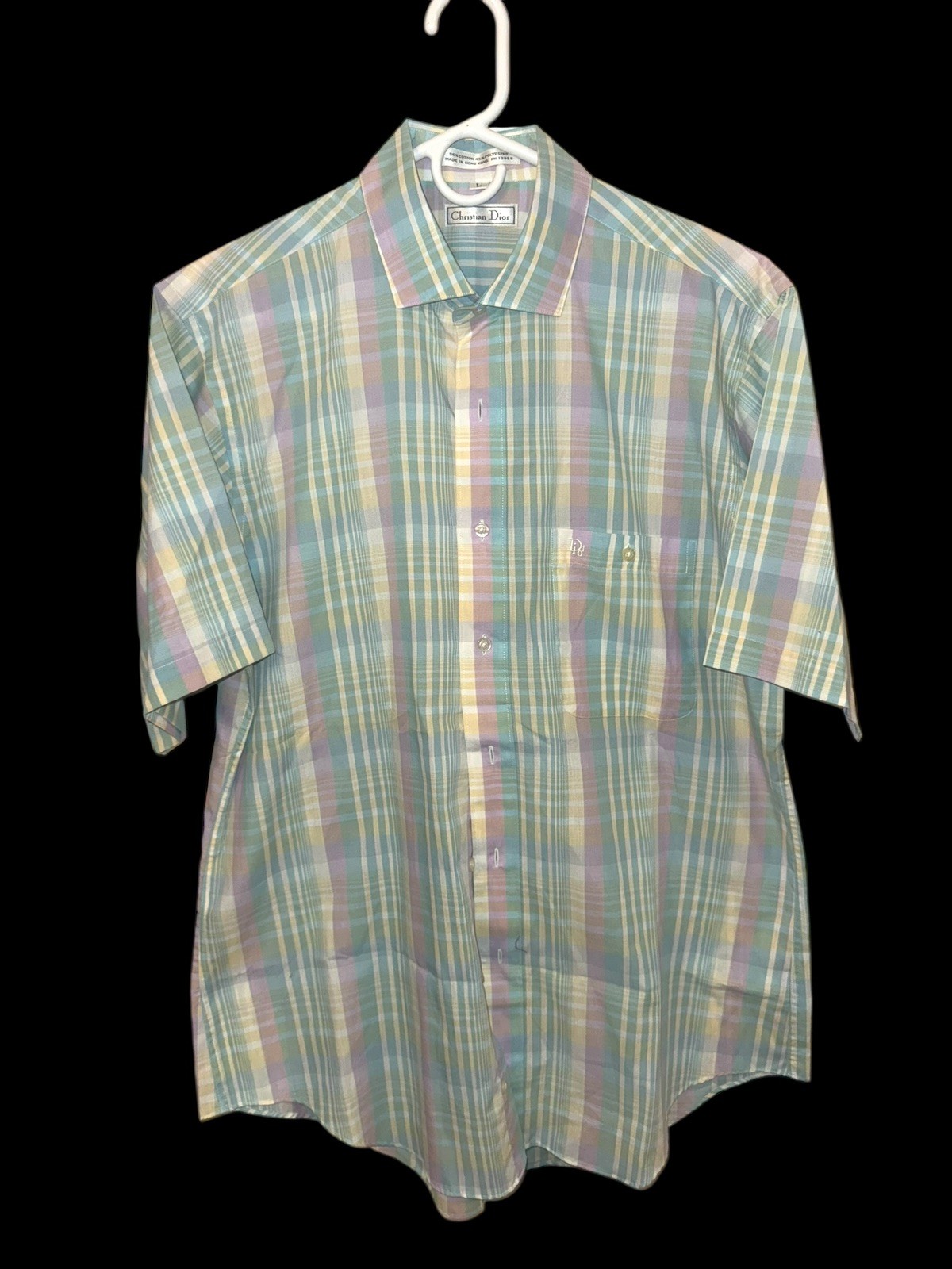 Vintage Christian Dior short sleeve button up dress shirt light blue pink plaid