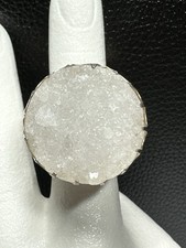 925 Sterling Silver Round 27mm White Druzy Quartz Ring Size 8 Lot 320