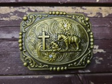BRONZE FRONTIER FAITH WHITE RHINESTONE FLOWER COWBOY COWGIRL WESTERN BELT BUCKLE