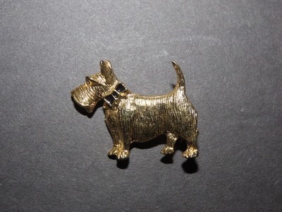 SCOTTY DOG PIN BROOCH RHINESTONE EYE BOWTIE GOLD TONE VINTAGE