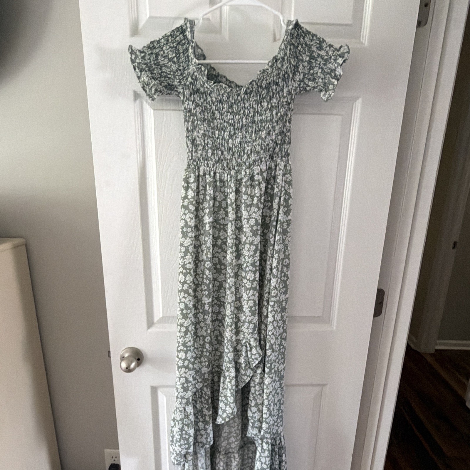 Audrey Parks Floral Off-Shoulder Smocked Maxi Dress Green/White Women's S