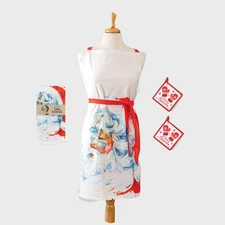 Festive Kitchen Holiday Bundle Santa Apron, Merry Mittens Potholders & Tea Towel