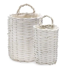 Wall Hanging Baskets (White, Set of 2); Woven WIcker Rustic Farmhouse White W...