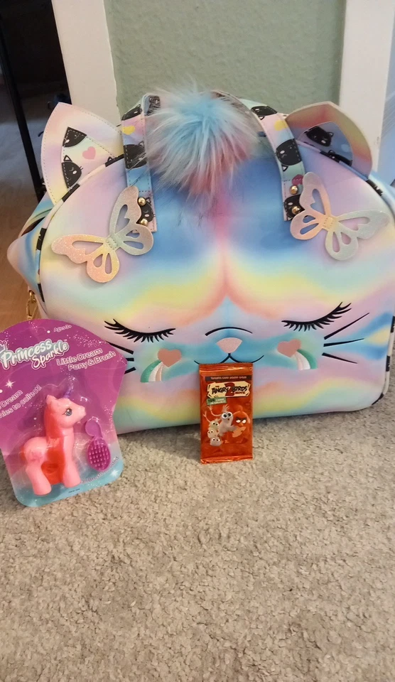 Kindertasche/Koffer Kunstleder Regenbogen Katze Einhorn Pompon Reißverschluss - Bild 1 von 1