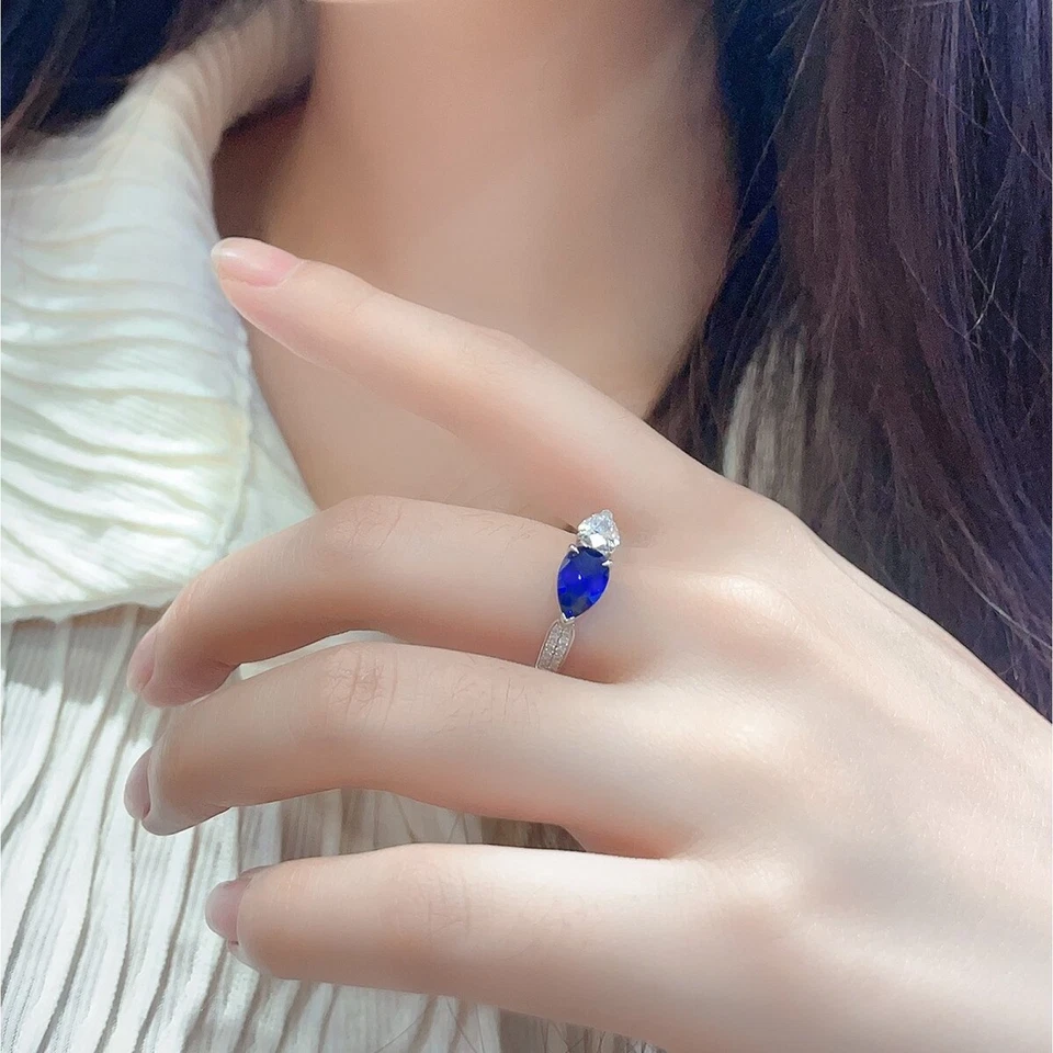 1.85Ct Lab Grown Pear Blue Sapphire Eternity Ring 925 Silver Womens Elegant Band - Image 2 of 4