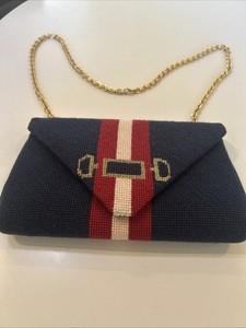 Vtg Needlepoint Handbag Blue Red Tan Gold  Crossbody WOW