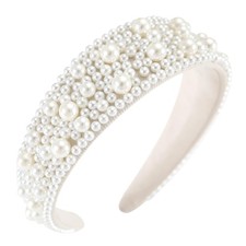 Wide Pearl Headbands For Women Girls Beaded Padded Elegant Bridal Decor C-White