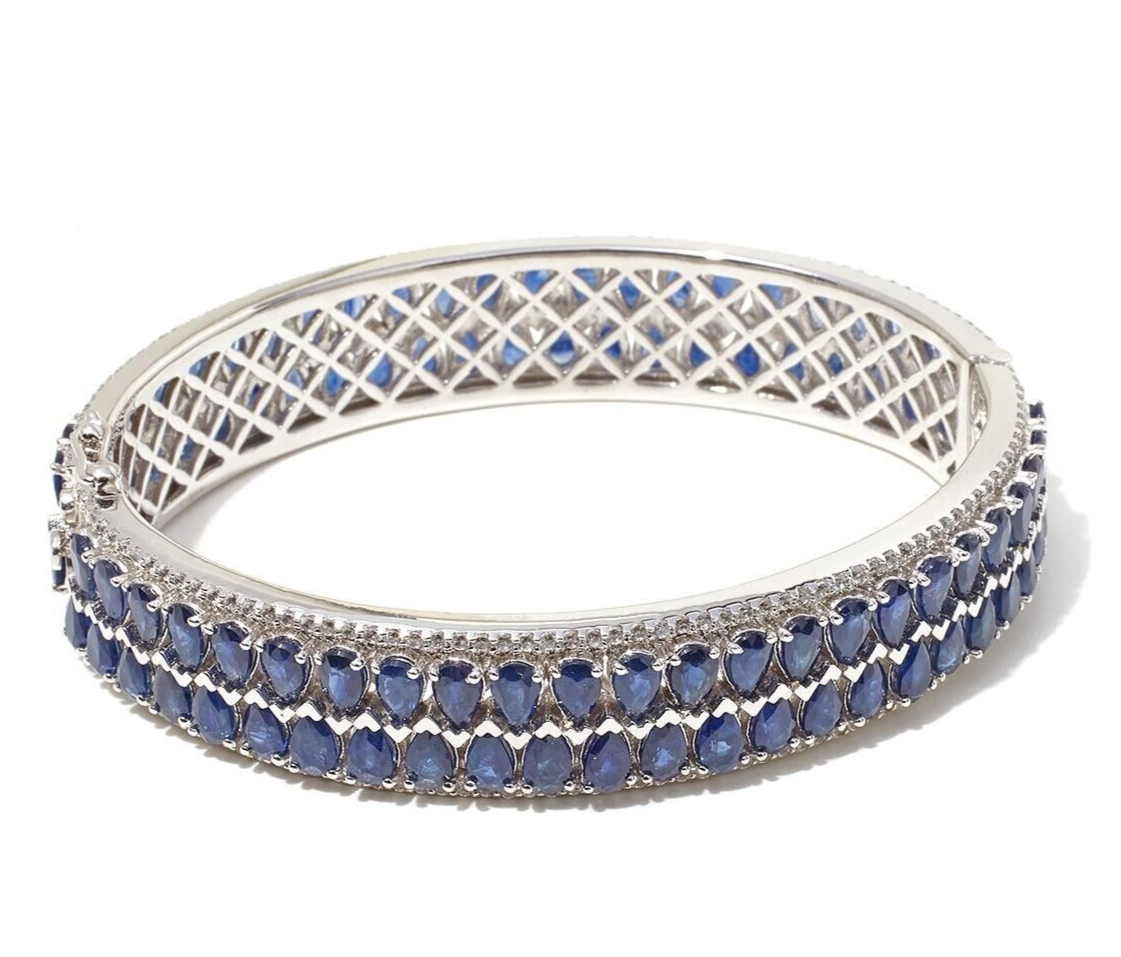 Rarities Sterling Silver 25CTW Real Blue Sapphire & White Zircon Bangle Bracelet