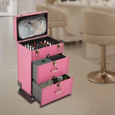 3 Layers Portable Makeup Train Case Rolling Luggage For Cosmetic Case Storage