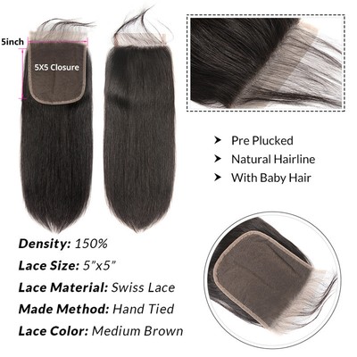 Remy Straight Body Wave Human Hair Lace Closure 5 5 6 6 Free Part