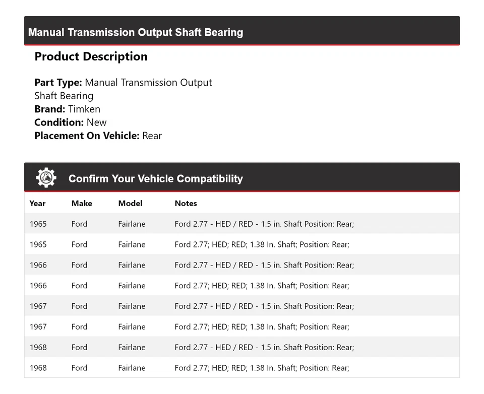 Задний подшипник выходного вала механической коробки передач для Ford Fairlane 1965-1968 годов выпуска Timken - Изображение 2 из 4